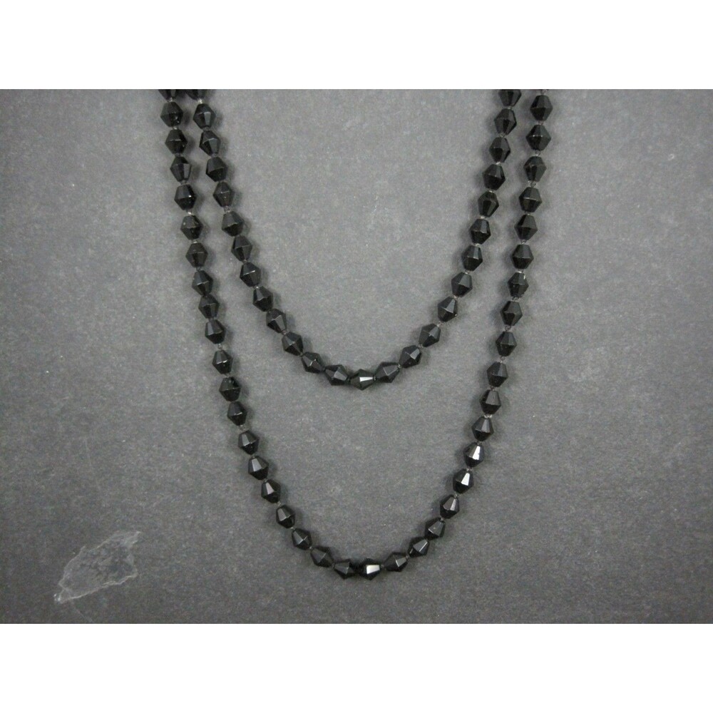 Vintage 64” Long Faceted Jet Black Glass Knotted Bead Necklace Art Deco Flapper